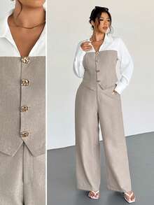 Firerie 加大码杏色仿亚麻拼布衬衫和宽松直筒西装裤两件套，休闲优雅，适合通勤、教学、返校、商务休闲办公穿着 - 彩色 - 查看 7