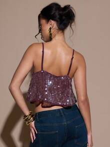 SHEIN BAE 女士性感亮片宽松V领吊带背心，适合冬季、圣诞节、新年、感恩节、派对等场合，优雅亮片设计，酒红色亮片背心，适合派对、聚会、约会和外出等场合。 - 酒紅色 - 查看 2