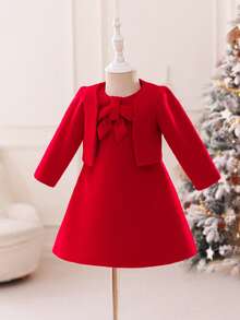 SHEIN Glamorique Kids 圣诞节女婴公主裙、派对装、圣诞老人裙、新年裙、长袖夹克、红色羊毛面料、蝴蝶结装饰、A字裙、舞台表演、中东连衣裙、秋冬新品 - 紅色 - 查看 6