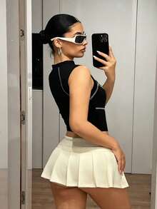 SHEIN ICON Women's Solid Color Adjustable Buckle Design Sexy Mini Side Slit Pleated Skirt Party - Beige - View 2