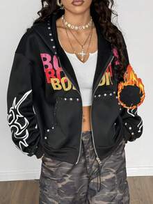 StreetHx 街头服饰女式哥特朋克摇滚彩色图案印花长袖连帽夹克，秋冬 - 黑色 - 查看 3