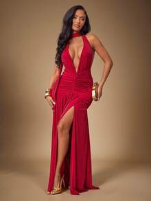 Radiana Đầm maxi hở lưng lưới ánh kim lấp lánh màu đỏ sang trọng, thanh lịch quyến rũ dành cho nữ, váy xòe xẻ cao, đầm trang trọng, đầm + khăn choàng dài, bộ 2 món, thích hợp cho các buổi hẹn hò, tụ tập, sinh nhật, tiệc tùng, tiệc tối, tiệc cocktail, tốt nghiệp - Đỏ - Xem 3