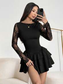 SHEIN PETITE Women's New Black Lace Patchwork Layered Ruffle Hem Mini Dress, Fall Women Clothes ,Petite Women - Black - View 3