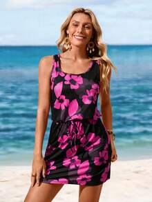 Sylviya 女式休闲黑色底印花迷你连衣裙，适合春夏季 - 彩色 - 查看 1