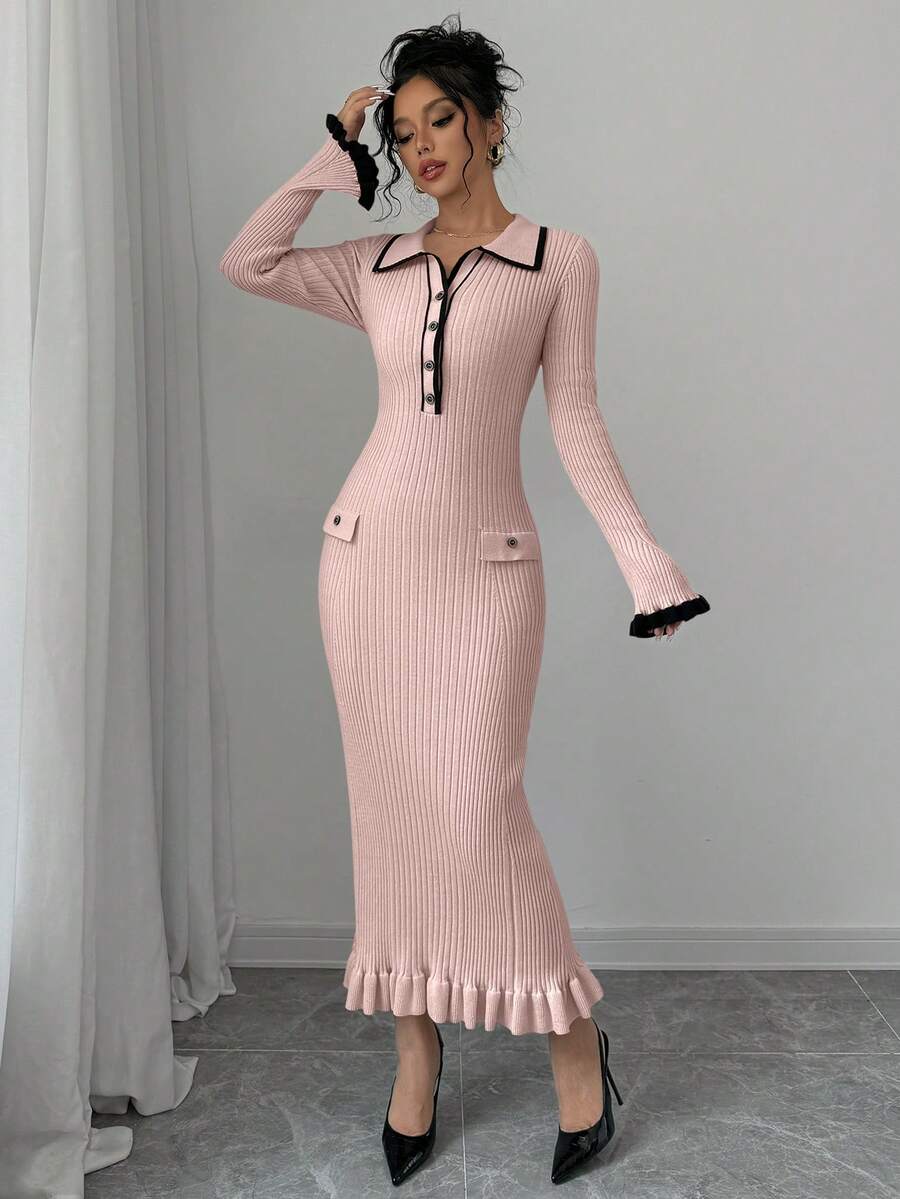 Elenzga Collared Color Block Trim Fitted Elegant Long Sleeve Sweater Dress - Pink - View 1