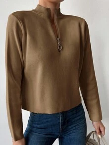 SHEIN Cottnline 女士半拉鍊毛衣 - 駝色 - 查看 5