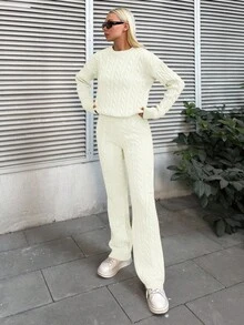 EURMUSE Conjunto De Duas Peças De Suéter De Tricô De Cabo Com Ombro Caído E Cor Sólida Para Mulheres - Branco - Ver 6