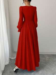 Modelyn 优雅纯色心形领长袖束腰连衣裙，法式时尚 - 紅色 - 查看 2
