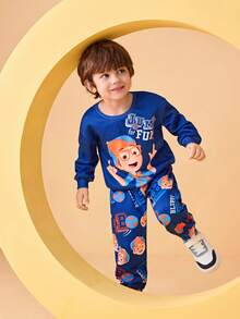 Blippi X SHEIN 男童两件套卡通字母图案针织圆领宽松卫衣和裤子套装，秋冬 - 藍色 - 查看 4