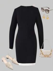 SHEIN Girls' Black & White Patchwork Fitted Dress With Bow Decor, Elegant, Autumn/Winter - Black - View 2