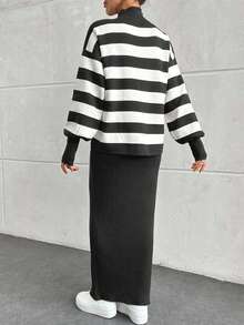 EURMUSE 2pcs Women Ribbed Stand Collar Dropped Shoulder Long Sleeve Sweater And Ribbed Knit Dress Set - Dark Grey - View 2