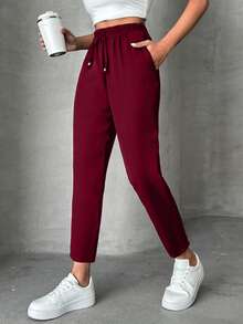 EURMUSE Petite Pants With Drawstring, Slanted Pockets - Burgundy - View 4