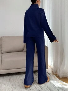 SHEIN Tall 女款寬鬆版高領毛衣搭配羅紋針織細節直筒針織長褲套裝，適合高個女性 - 藏蓝色 - 查看 2