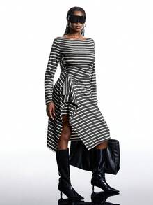 LYSMO Váy kẻ sọc tay dài viền bất đối xứng cỡ lớn, mùa thu - Đen và trắng - Xem 5