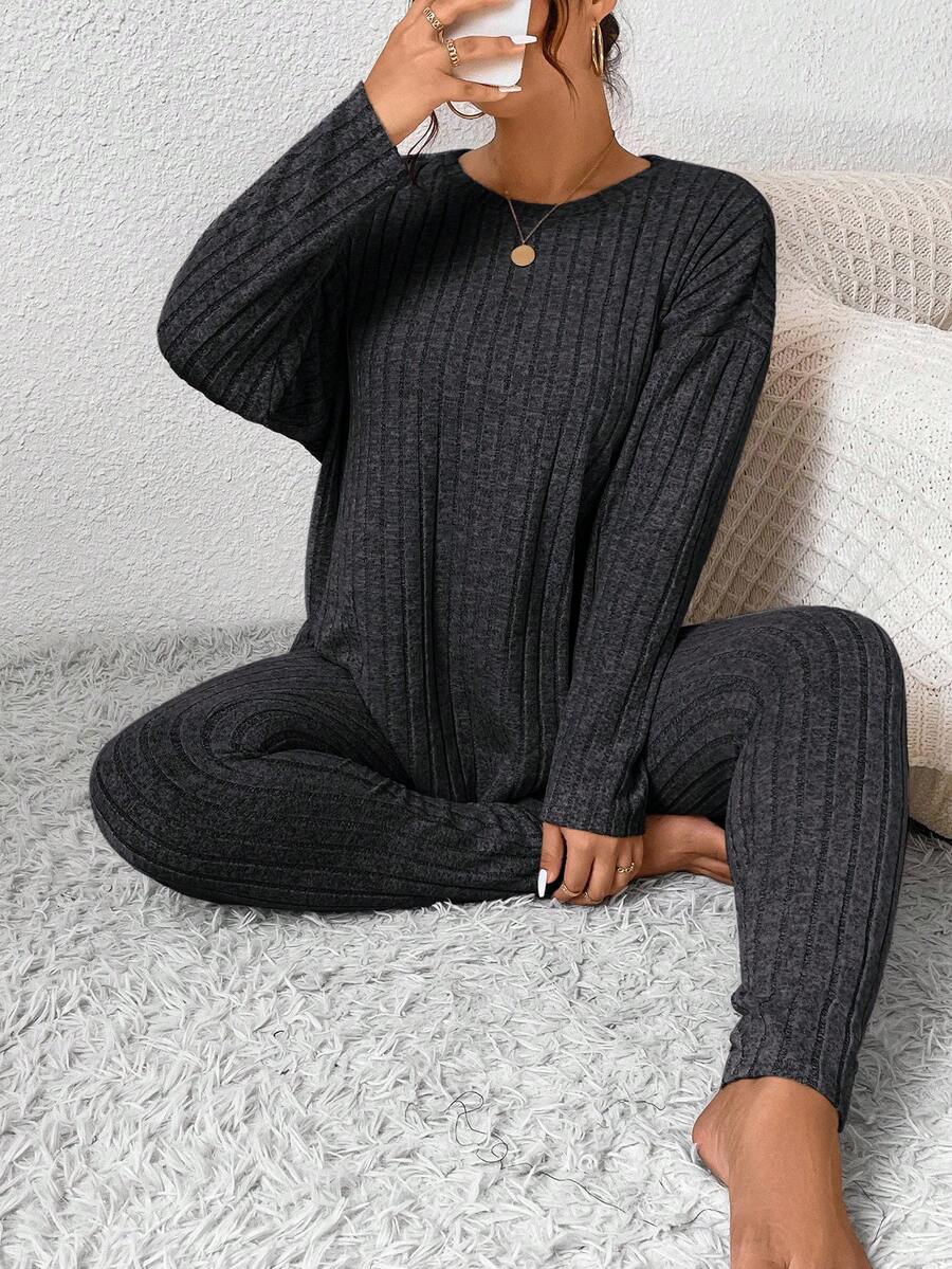 SHEIN Frenchy Plus Size Women's Solid Color Round Neck Drop Shoulder Long Sleeve Ribbed T-Shirt And Pants Casual 2 Pieces Set, Autumn/Winter - Grey - View 1