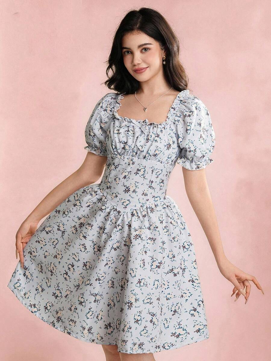 Elegantes Sommerkleid mit Puffärmeln und Blümchenmuster für Teenager Mädchen