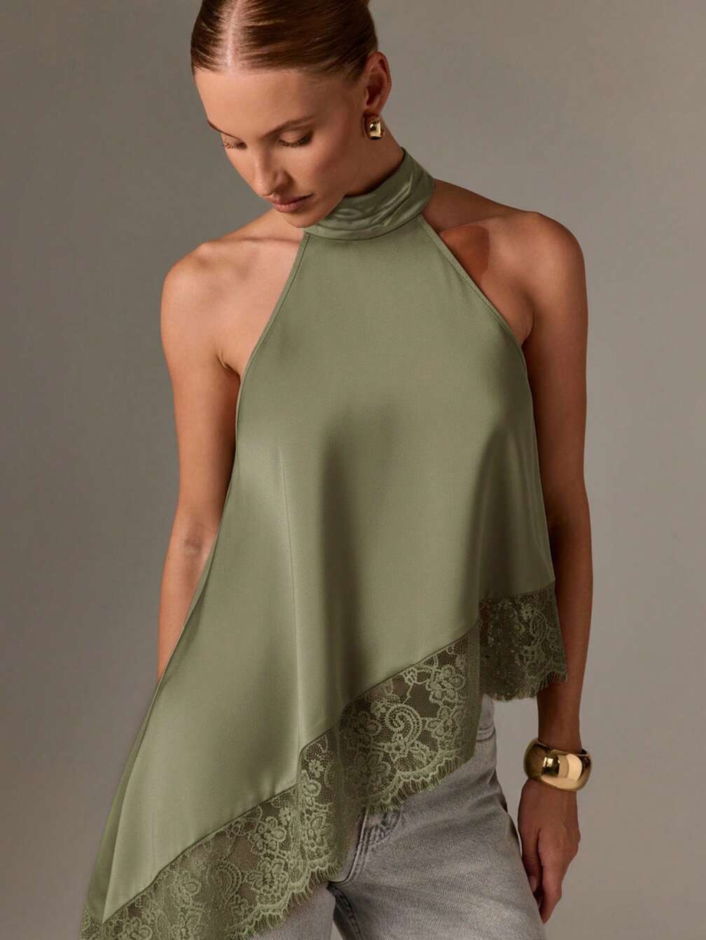 AiiRZ Halter Neck High Neck Asymmetric Lace Trim Satin Top With