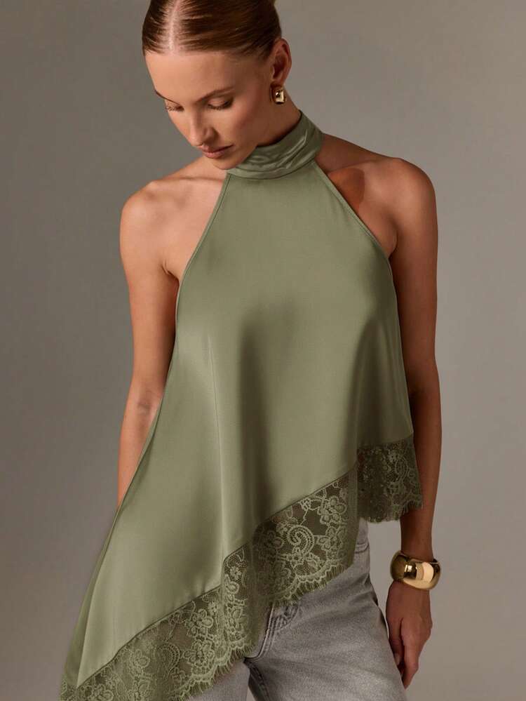 High Neck Halter Top With Lace Trim
