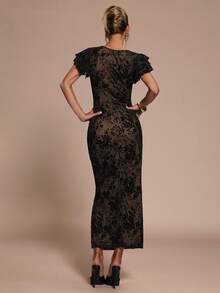 SHEIN BAE Damen Einfarbiges Kleid mit Spitzen-Patchwork V-Ausschnitt und Puffärmeln - Schwarz - Übersicht 2