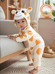 SHEIN Neugeborenes Baby Jungen/Mädchen Kleinkind Giraffe Kapuzen Langarm Jumpsuit, dick warm süßer Tier Romper Outfit, bequem vielseitig für den täglichen Gebrauch, geeignet für Innen, Außen, Skifahren, Sport, Spiel, Party, Halloween, Cosplay