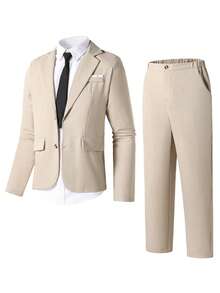 SHEIN 2pcs/Set Teen Boy Gentleman Outfit, Beige Slim Fit Suit Jacket + Dress Pants, Elegant, Formal Attire Suitable For Birthday Party, Gala, Performance, Hosting, Wedding Season