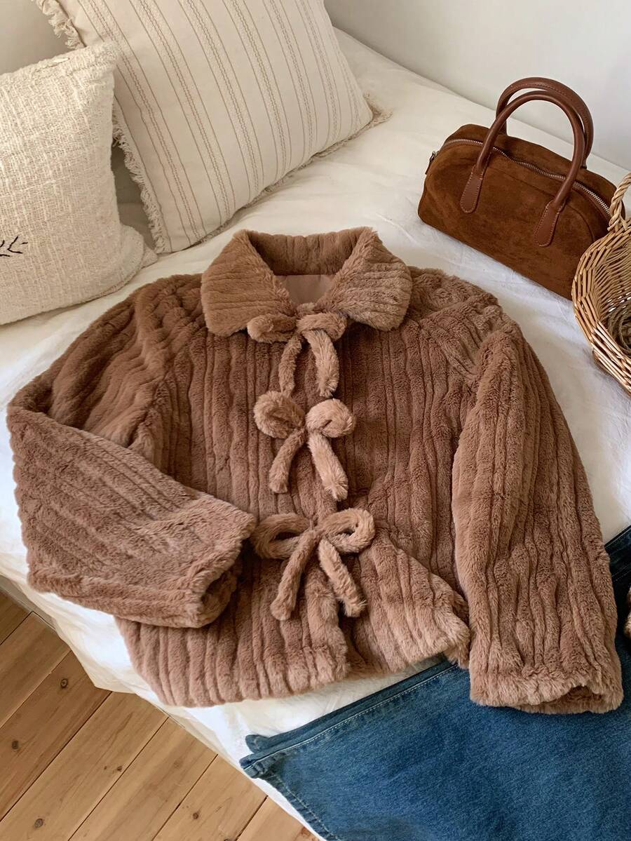 Comfortcana Women's Fashion Casual Bow Faux Fur Long Sleeve Jacket - Mocha Brown - View 1