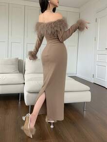Feyla Women's Solid Color Off-Shoulder Fluffy Splice Elegant Long Sleeve Dress Long Evening Dresses - Brown - View 2