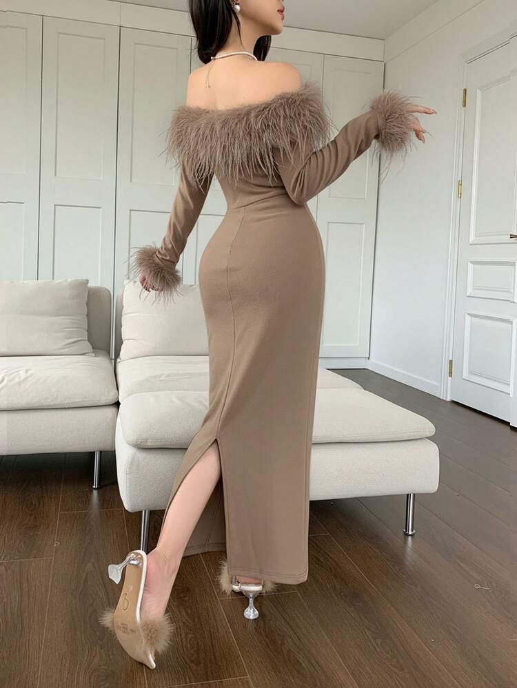 Feyla فستان طويل أنيق بأكمام طويلة وأكتاف مكشوفة وقصة مفصلة من القماش الناعم والمنفوش للنساء - بني - مشاهدة 2