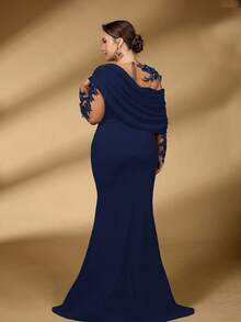 Serin Đầm dáng đuôi cá ôm sát, thanh lịch, lãng mạn, sang trọng, chất liệu vải dệt kim co giãn, phối lưới tương phản, vai bèo nhún bất đối xứng, thích hợp cho tiệc tối, hẹn hò, dạ hội, kỳ nghỉ, đám cưới, váy cho mẹ cô dâu, ngày Valentine. - Màu xanh hải quân - Xem 4