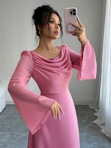 Modelyn 女士 A 字形粉色连衣裙，圆领和腰部，编织混合面料设计 - 粉色 - 查看 3