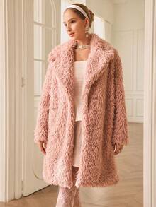 Revavyn Pink Faux Shearling Mid-Length Jacket, Crisp Collar, Soft Fluffy Texture, Suitable For Commuting, Dating, And Everyday Wear - Pink - View 5