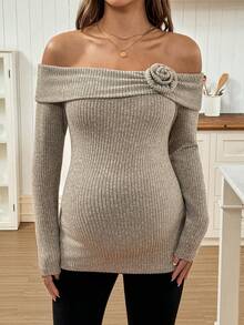 SHEIN Maternity Elegant Autumn Babyshower Solid Color Applique Ribbed Off Shoulder Long Sleeve Sweater,Women Fall Winter Knit T-Shirt Clothes Top - Apricot - View 4
