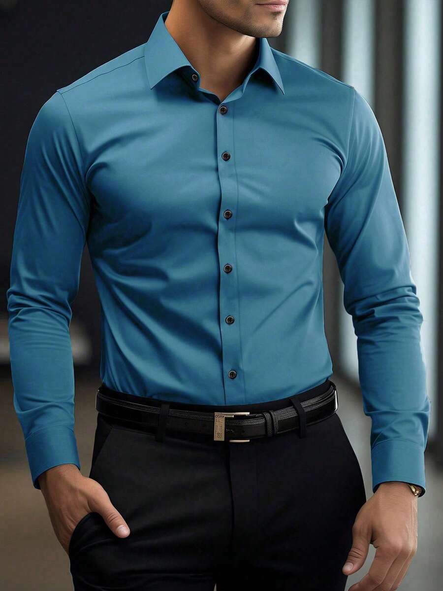 Manfinity Mode 男士休闲纯色长袖衬衫，商务休闲正装衬衫，秋季，复古风