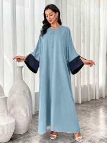 Al Najma 女式 V 领撞色喇叭袖阿拉伯长裙，端庄优雅的全罩式长裙，适合日常休闲/节日/晚会/婚礼宾客 - 藍色 - 查看 7