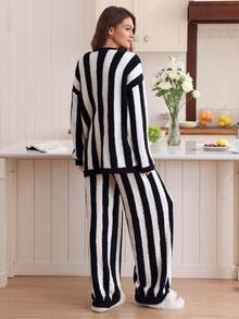 Louniche 女士休闲条纹针织睡衣套装（两件套），秋冬款 - 黑與白 - 查看 2