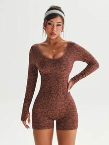 Dewbera 女式豹纹露背长袖无缝运动连体裤 - 棕色 - 查看 7