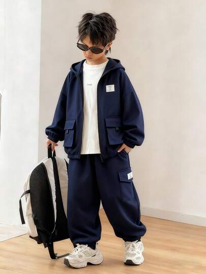 SHEIN 2 件套青少年男孩休闲舒适连帽夹克，带口袋和纯色慢跑裤套装，适合外出、上学、日常聚会、秋冬