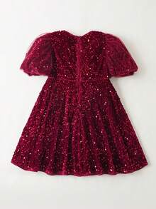 Maija Kids Young Girl Classic Fashion Versatile Party & Casual Elegant Minimalist Sequin Round Neck Petal Sleeve Design Shiny Sophisticated Graceful Dress, Suitable For Christmas - Rose Red - View 2