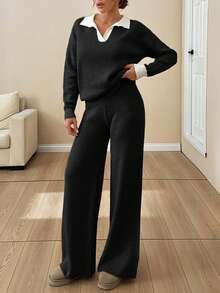 EURMUSE WOMEN SOFT TOUCH POLO NECK SWEATER AND SWEATER PANT Two Pieces OUTFİT CO-ORDS COOL - Black - View 4