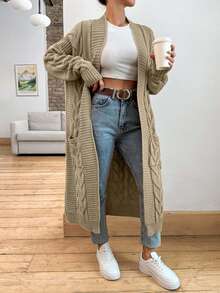 SHEIN 纯色口袋有线休闲百搭长袖开衫 - 米色 - 查看 5