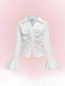 Tween Girl White Collared Shirt, Fitted Waist & Flare Sleeve, V-Neck, Elegant Casual & Versatile, Spring, Fall, Winterholiday,Summer,Travel,Getaway - White - View 1