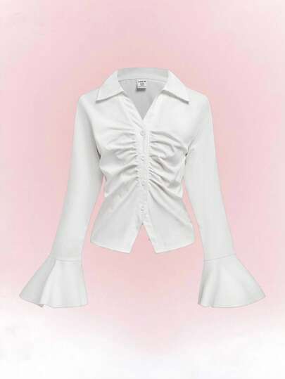 Camisa blanca con cuello de niña preadolescente, cintura entallada y manga acampanada, cuello en V, elegante y casual, versátil, para primavera, otoño e invierno