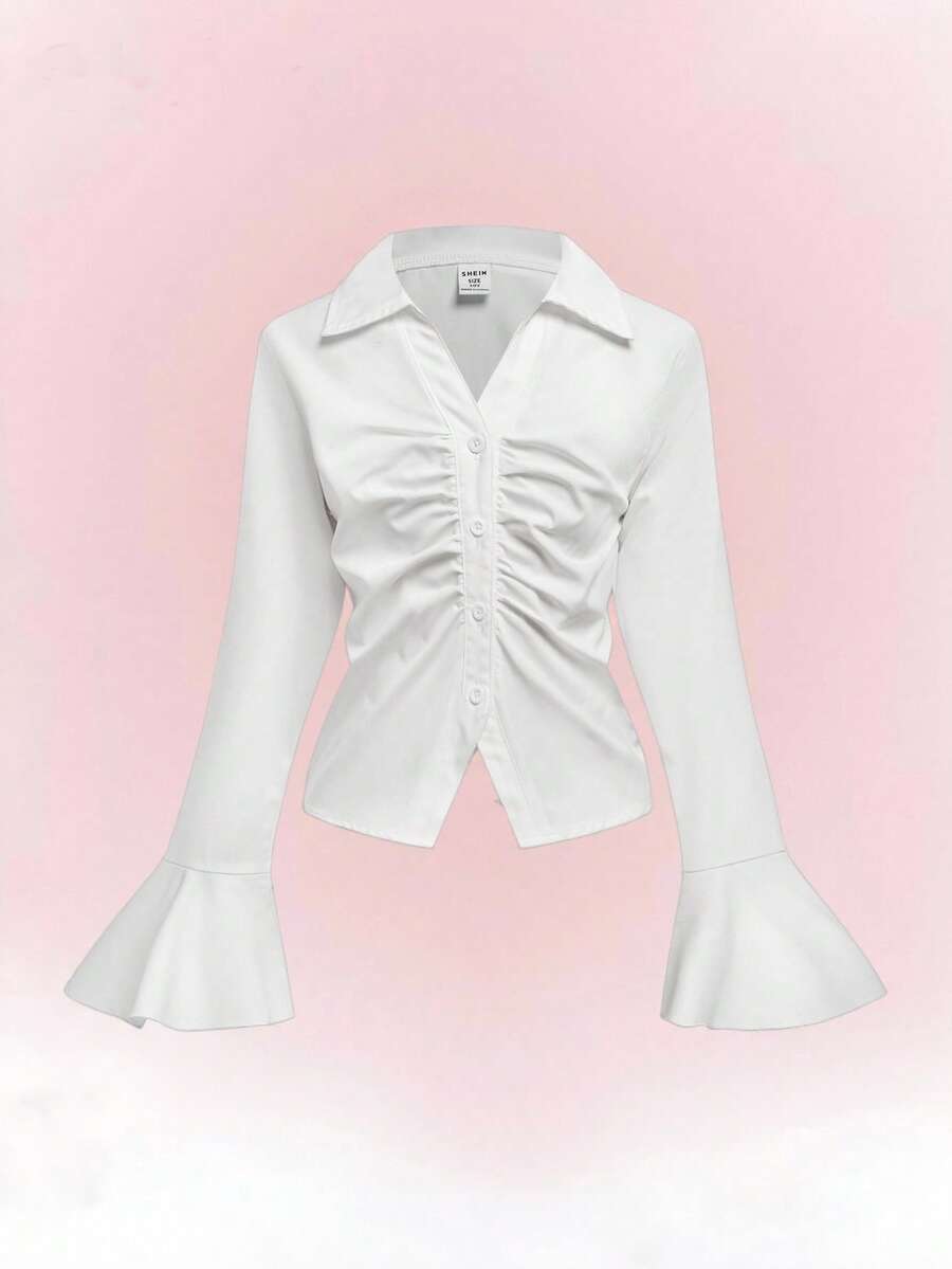 Tween Girl White Collared Shirt, Fitted Waist & Flare Sleeve, V-Neck, Elegant Casual & Versatile, Spring, Fall, Winterholiday,Summer,Travel,Getaway - White - View 1