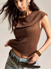 Easelle Women's Casual Coffee Brown Sleeveless Cropped Fashionable Versatile Women Top Flip Collar Design Is Fashionable - Brown - View 9