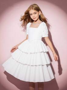 Girl's Solid Color Pearl Square Neck Cake Dress - White - View 1