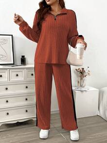 EMERY ROSE Áo thun tay loe dệt kim mềm mại có khóa kéo cổ cao cỡ lớn + Quần ống rộng có họa tiết sọc màu bên hông, quần mặc nhà thường ngày 2 món - Nhiều màu - Xem 6