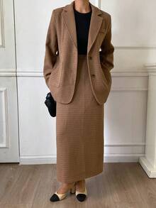 DAZY Women's Solid Color Loose Long Sleeve Blazer Jacket And Straight Skirt Elegant Office Formal Suit Set, Autumn/Winter Business Attire - Brown - View 3