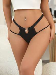 Women's Black Heart Buckle Elegant, Comfortable & Sexy Lace Splice Thong Panties Hollow Out Panties Strappy Panties Crotchless Thong - Black - View 2