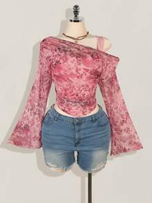 SHEIN ICON Camiseta de malla transparente con hombros oblicuos, talla grande. Blusa de manga larga de malla transparente con estampado de paisley - Rosa - Ver 3