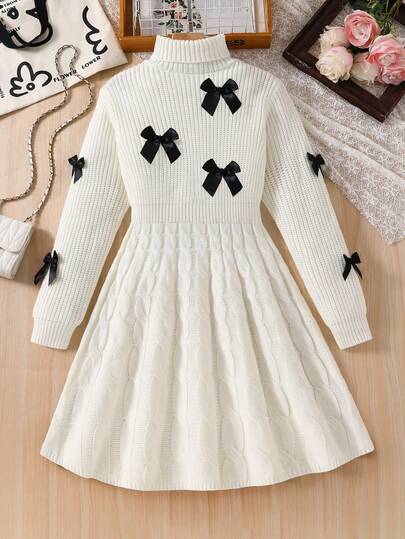 SHEIN 1 件女式毛衣裙，高领，收腰，麻花针织纹理，装饰蝴蝶结，袖口合身，A 字形，面料光滑，时尚百搭，适合日常穿着、户外、购物、聚会、秋冬